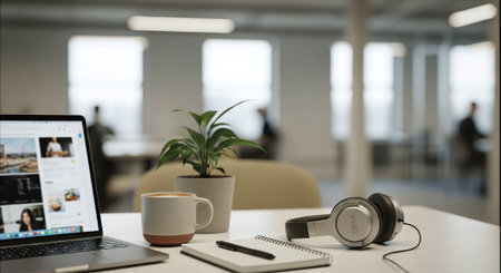 A modern workspace featuring a laptop, a coffee cup, a potted plant, a notepad, and headphones, with a blurred office backgroundの素材