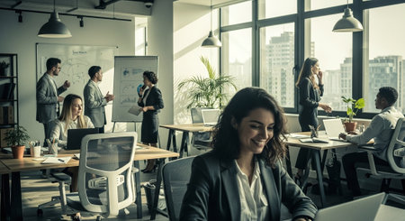 A modern office environment with professionals engaged in various activities, including discussions, presentations, and working on laptops, with large windows showing a cityscapeの素材