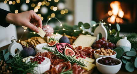 A festive cheese platter with various cheeses, fruits, nuts, and meats, set against a cozy holiday backdrop with a fireplace and Christmas decorationsの素材