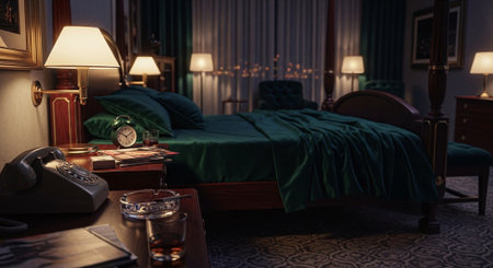 A cozy hotel room with a large bed covered in green bedding, a bedside table with a vintage phone, a glass of whiskey, and an alarm clock, soft lighting creates a warm atmosphereの素材