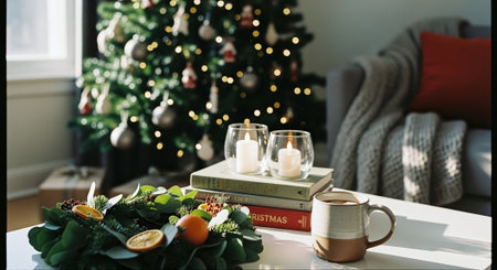 A cozy living room decorated for christmas, featuring a beautifully lit christmas tree, a coffee table with candles, books, and a festive wreath with dried oranges and a tangerineの素材