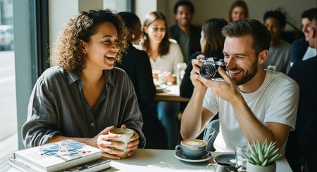 A joyful couple in a cafe, one taking a photo of the other, both smiling, with coffee cups on the table, surrounded by friendsの素材