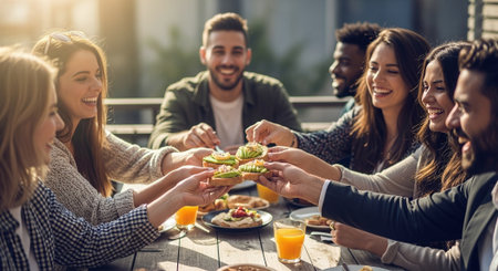 A group of friends enjoying a meal together outdoors, sharing food and drinks, smiling and laughing, warm sunlight creating a cheerful atmosphereの素材
