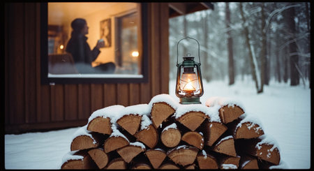 A cozy winter scene featuring a stack of firewood covered in snow, with a lantern glowing softly in the foreground, and a person sitting inside a cabin, enjoying a warm drinkの素材