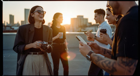 A group of friends enjoying a sunset on a rooftop, one woman holding a camera and laughing, others holding drinks and engaging with their phonesの素材