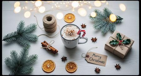 A cozy holiday scene with a cup of hot chocolate topped with whipped cream and a candy cane, dried orange slices, cinnamon sticks, pine branches, and a gift wrapped in brown paper.の素材
