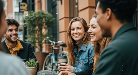 A group of young adults enjoying coffee at an outdoor cafe, smiling and engaging in conversation, with bicycles in the backgroundの素材