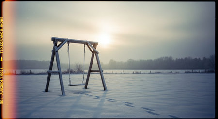 A wooden swing set in a snowy landscape at sunrise, with footprints in the snowの素材