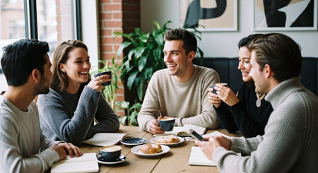 A group of five friends enjoying coffee and pastries at a cozy cafe, engaged in conversation and laughter, with notebooks on the tableの素材