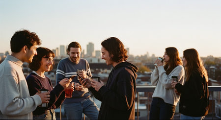 A group of friends enjoying drinks on a rooftop during sunset, with a city skyline in the backgroundの素材