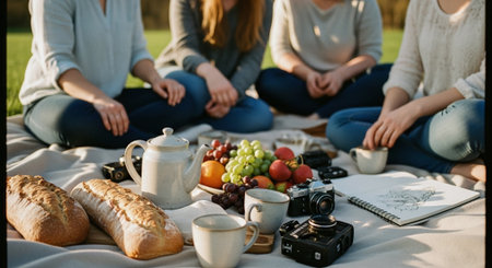 A picnic scene with friends sitting on a blanket, enjoying food and drinks, featuring bread, fruits, cameras, and a sketchbookの素材