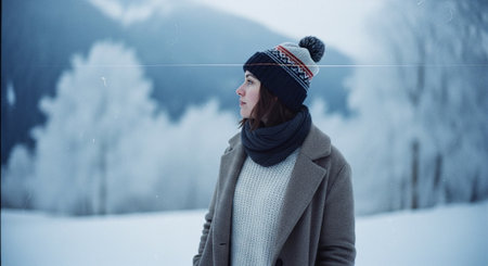 A woman in a winter landscape wearing a knitted hat and scarf, surrounded by snow-covered trees and mountains in the backgroundの素材