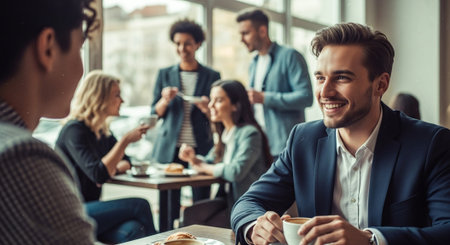 A group of people socializing in a modern cafe, two individuals in the foreground engaged in conversation, one holding a coffee cup, others in the background chatting and enjoying pastriesの素材