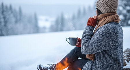 A woman sitting by a campfire in a snowy landscape, wearing a cozy sweater, hat, and scarf, holding a mug, with snow-covered trees in the backgroundの素材