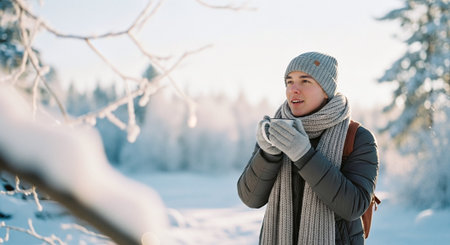 A young person enjoying a winter day, wearing warm clothing, holding a cup, surrounded by snow-covered treesの素材