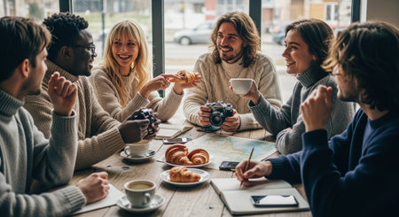 A group of friends enjoying coffee and pastries at a cafe, engaged in conversation, with cameras and notebooks on the tableの素材