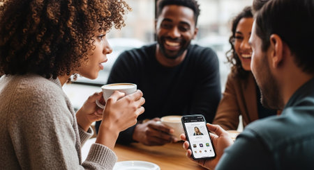 A group of friends enjoying coffee at a cafe, engaged in conversation, one person holding a smartphone displaying an app, warm and friendly atmosphereの素材