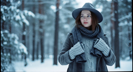 A young woman in a winter forest, wearing a hat, scarf, and gloves, surrounded by snow-covered treesの素材