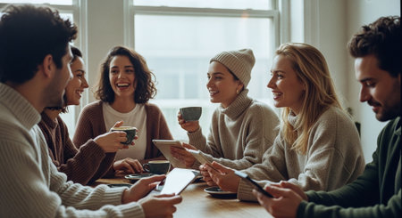 A group of young adults enjoying coffee and conversation at a cozy cafe, dressed in warm sweaters, smiling and engaging with each otherの素材