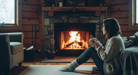 A woman sitting on the floor of a cozy cabin, holding a cup, with a warm fireplace in the backgroundの素材