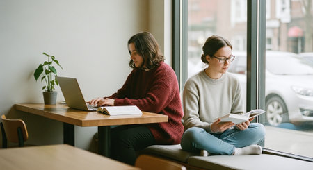 Two women in a cozy cafe, one working on a laptop and the other reading a book, natural light from large windows, indoor plantsの素材
