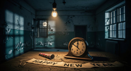 A vintage clock showing midnight, a party horn, and a banner saying happy New Year in a dimly lit, abandoned room.の素材