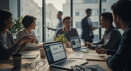 A diverse group of professionals engaged in a meeting around a table with laptops, discussing data and charts, in a modern office setting with large windowsの素材