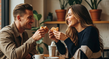 A couple enjoying pastries and coffee in a cozy cafe, smiling at each other, surrounded by plantsの素材