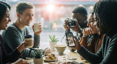 A group of friends enjoying coffee together at a cafe, smiling and engaging with each other, one person taking a photo, warm atmosphereの素材