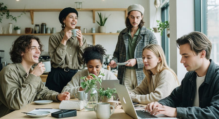 A group of young adults enjoying coffee in a cozy cafe, engaged in conversation and work, with plants and a laptop on the tableの素材