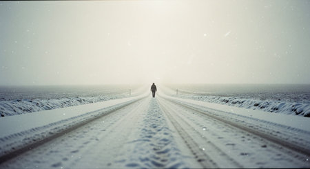 A solitary figure walking down a snow-covered road in a foggy landscapeの素材
