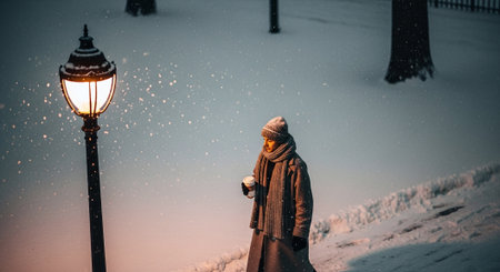 A person standing in a snowy landscape, holding a cup, with snowflakes falling around them and a street lamp illuminating the sceneの素材