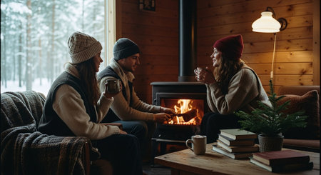 Three friends enjoying a cozy moment by the fireplace in a wooden cabin, wearing warm sweaters and hats, with snow visible outside, surrounded by books and a small plantの素材