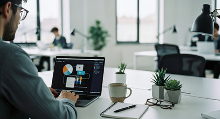 A person working on a laptop in a modern office, with plants and stationery on the deskの素材