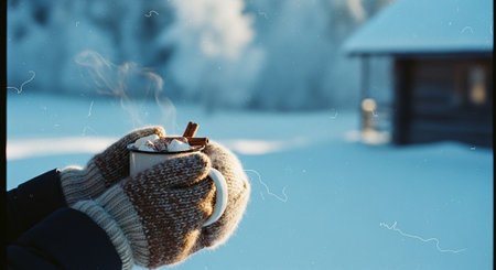 A person holding a warm mug with marshmallows and cinnamon sticks, wearing knitted gloves, in a snowy landscape with a cabin in the backgroundの素材