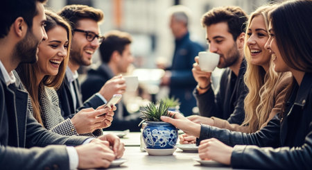 A group of young adults enjoying coffee at an outdoor cafe, smiling and engaging with each other, with a small plant centerpiece on the tableの素材
