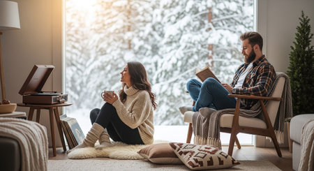 A cozy indoor scene featuring a couple enjoying winter vibes, with one person listening to a record player and the other reading a book, surrounded by snow-covered trees outsideの素材