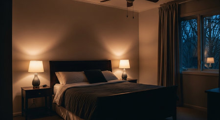 A cozy bedroom with a large bed, two bedside lamps, and a window showing a dimly lit evening outsideの素材