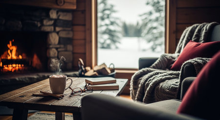 A cozy living room with a fireplace, a steaming cup of hot chocolate on a wooden table, books stacked nearby, and a view of snowy trees outsideの素材