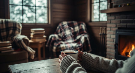 A cozy indoor scene featuring a person holding a steaming cup of coffee, with a warm fireplace in the background, surrounded by books and comfortable chairsの素材