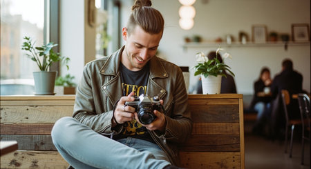 A young man sitting in a cafe, smiling while holding a camera, wearing a leather jacket, with plants in the backgroundの素材