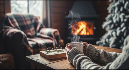 A cozy indoor scene featuring a person holding a steaming cup of coffee, sitting at a wooden table with a book and glasses, in front of a fireplace with a warm glow, surrounded by a winter atmosphereの素材