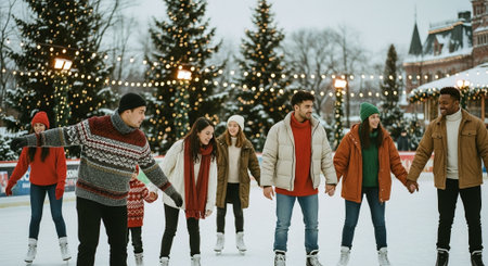 A group of people ice skating outdoors during winter, surrounded by festive lights and treesの素材