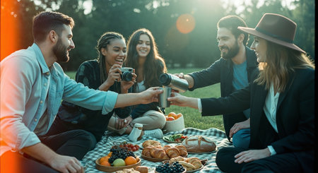 A group of friends enjoying a picnic in a park, sharing drinks and food, with a variety of pastries and fruits on a blanket, warm sunlight filtering through treesの素材