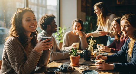 A group of friends enjoying coffee together in a cozy cafe, laughing and chatting, with plants and warm lightingの素材