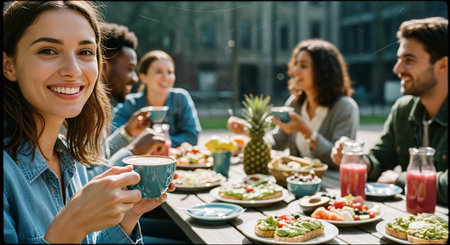A group of friends enjoying a meal outdoors, smiling and laughing, with various dishes on the table including salads and drinksの素材