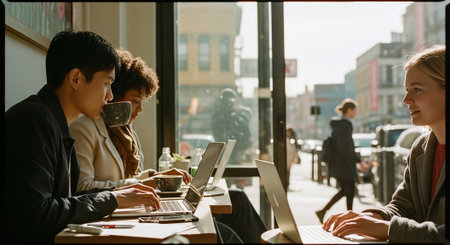 A group of diverse individuals working on laptops in a bright cafe, sunlight streaming through large windows, urban street view outsideの素材