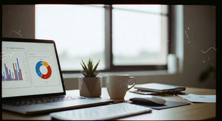 A laptop displaying graphs and charts, a small plant, a coffee cup, and notebooks on a desk near a windowの素材