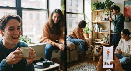 A cozy indoor scene featuring friends enjoying time together, one person laughing with a mug, another sitting on a shelf with a dog, and a third person using a phoneの素材
