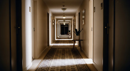 Sunlit Hotel Corridor with Patterned Carpet and Depthの素材